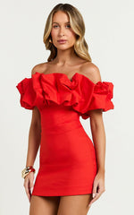 Coraline Mini Dress - Ruffle Off Shoulder Fitted Dress in Red
