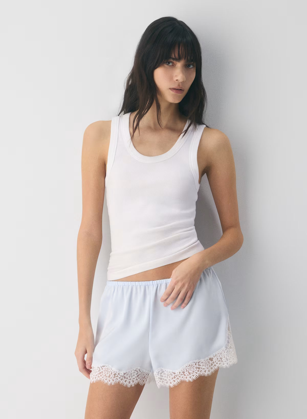 Double satin shorts with lace trim